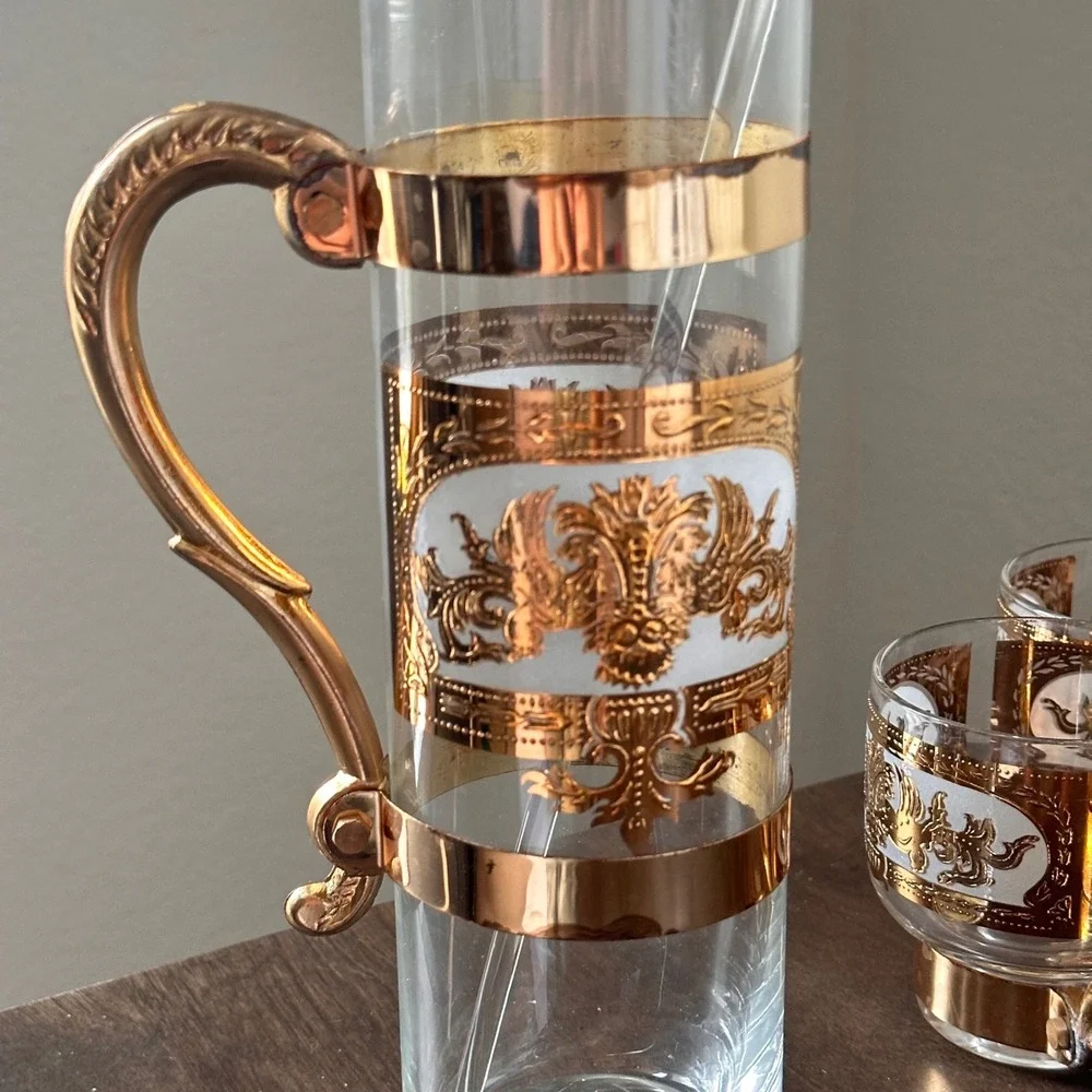 Vintage 22K Gold Filigree Glass Pitcher and 6 Mug Set with Stirrer MCM Barware